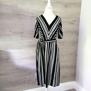 H&M Black White Striped Dress V-neck Size S Tie Wa